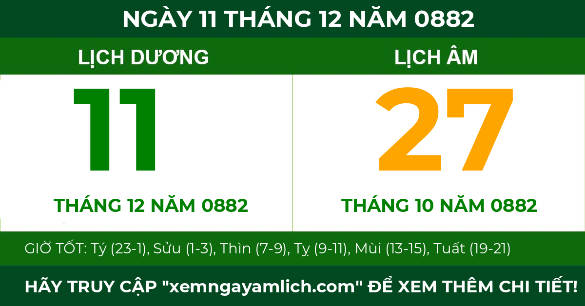 lịch âm ngày 11 tháng 12 năm 0882