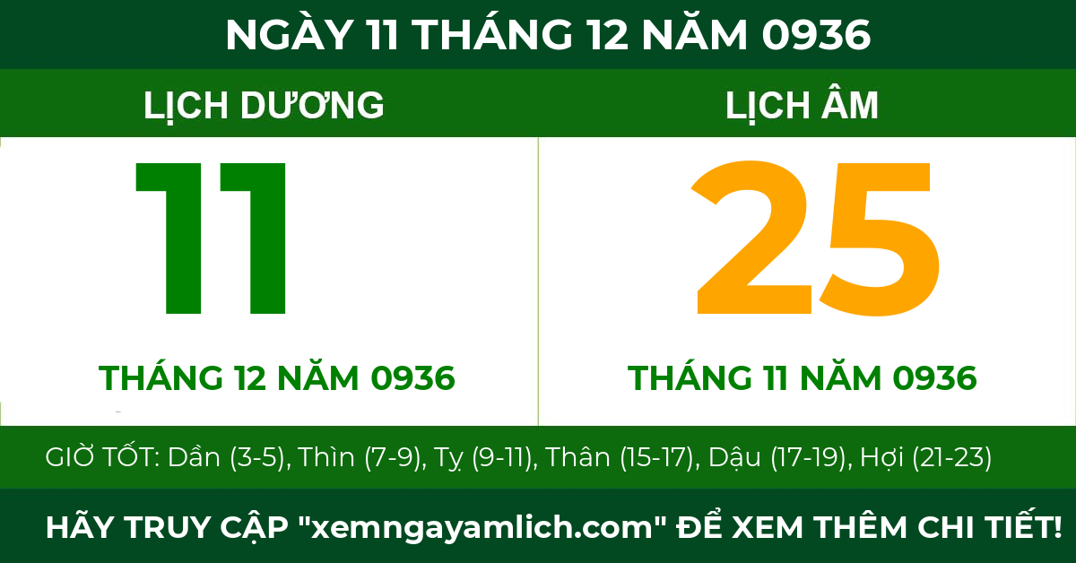 lịch âm ngày 11 tháng 12 năm 0936
