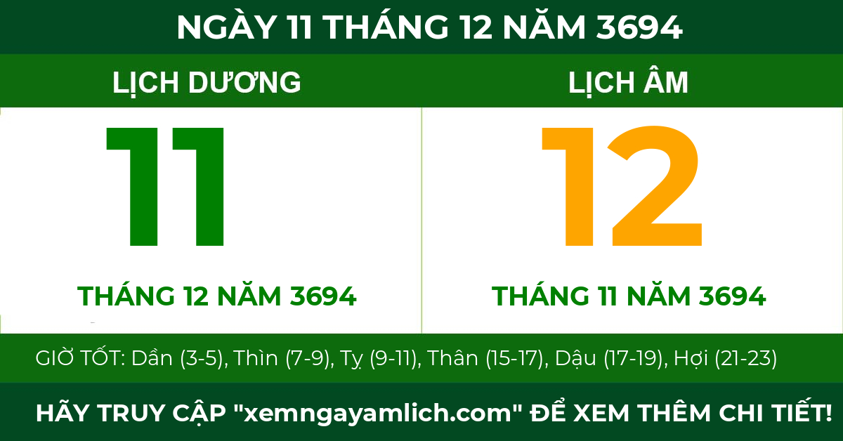 lịch âm ngày 11 tháng 12 năm 3694