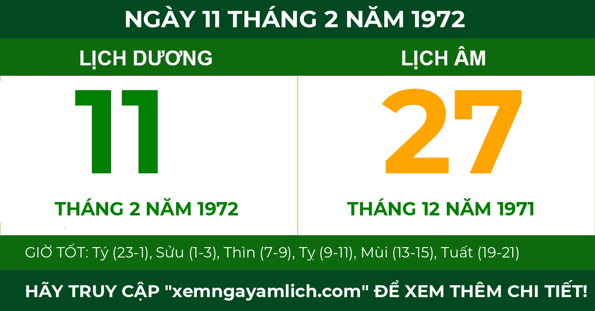 lịch âm ngày 11 tháng 2 năm 1972