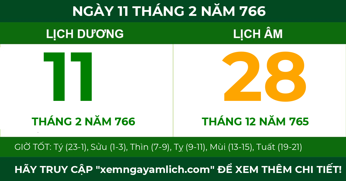 lịch âm ngày 11 tháng 2 năm 766
