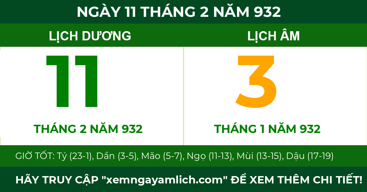 lịch âm ngày 11 tháng 2 năm 932