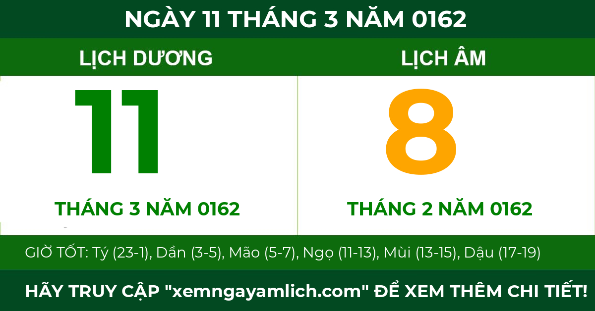 lịch âm ngày 11 tháng 3 năm 0162