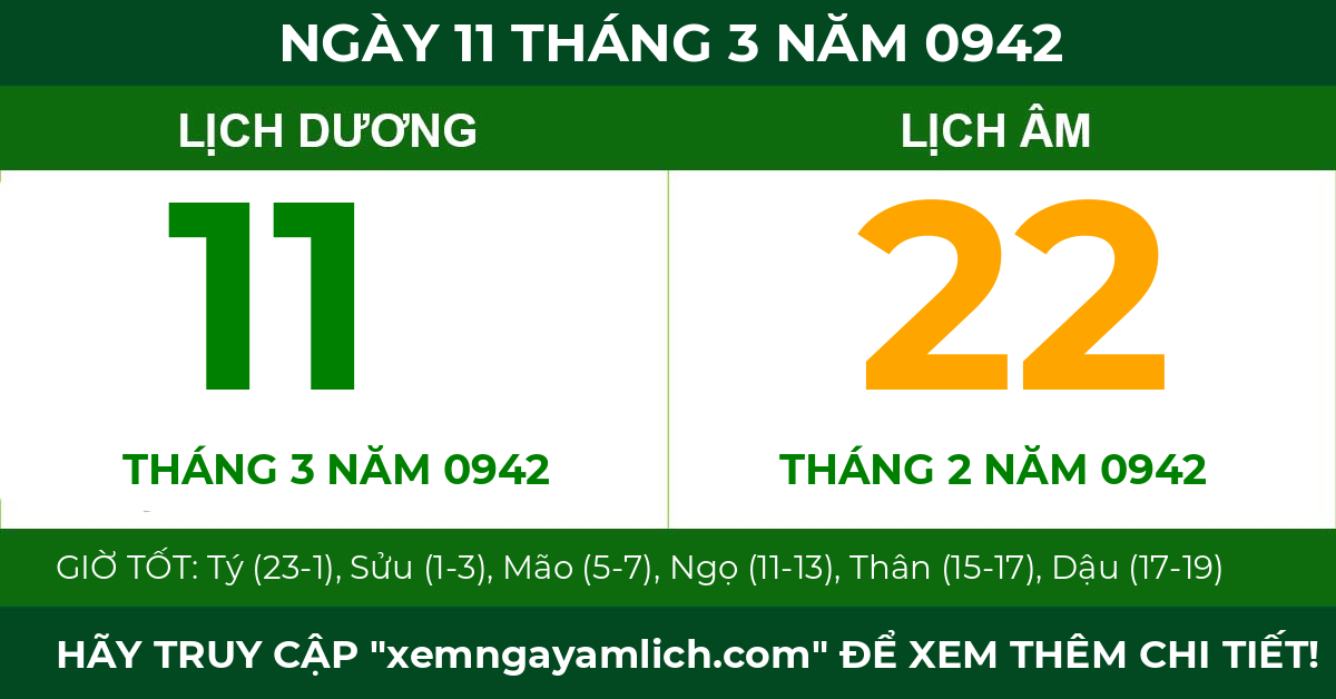 lịch âm ngày 11 tháng 3 năm 0942