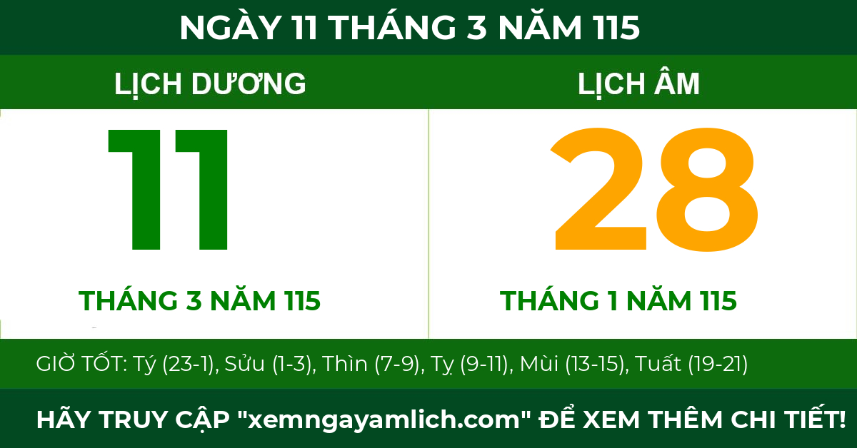 lịch âm ngày 11 tháng 3 năm 115