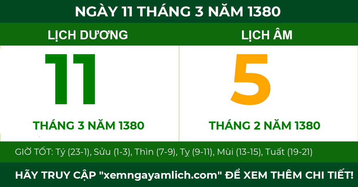 lịch âm ngày 11 tháng 3 năm 1380