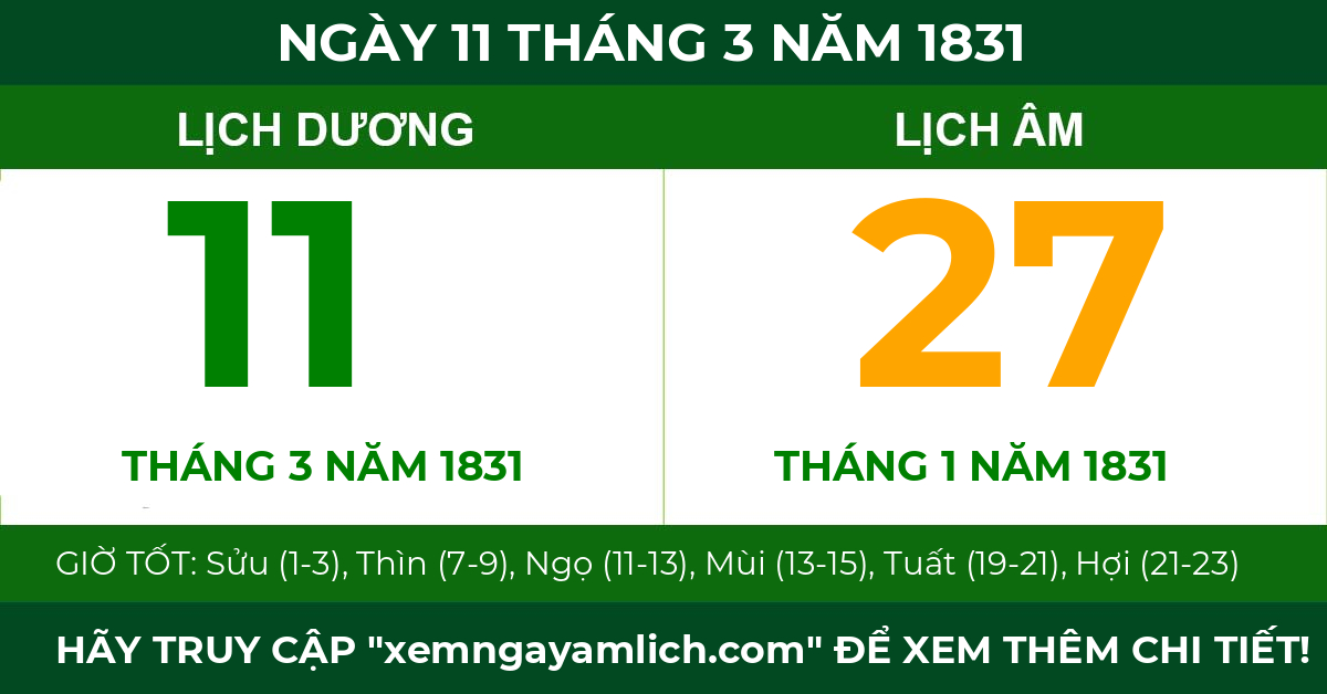 lịch âm ngày 11 tháng 3 năm 1831