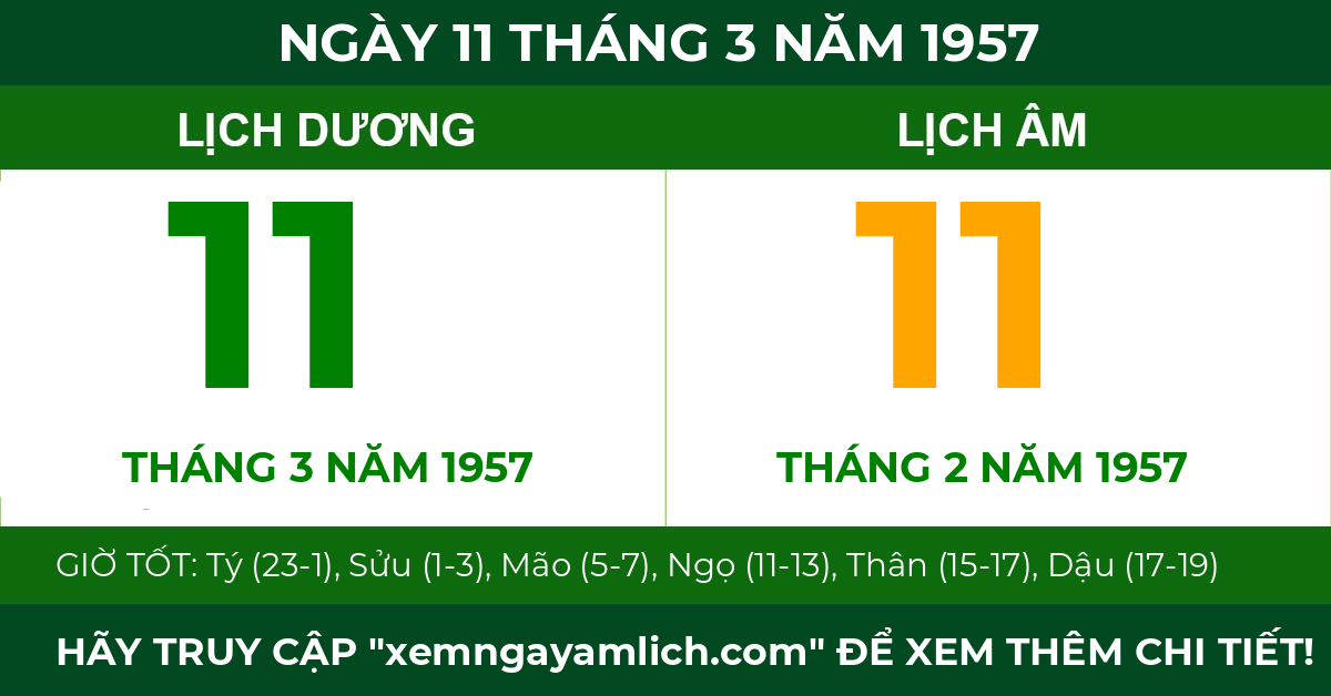 lịch âm ngày 11 tháng 3 năm 1957