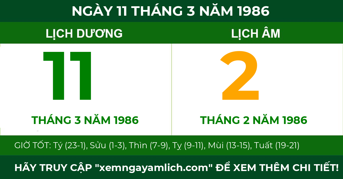 lịch âm ngày 11 tháng 3 năm 1986