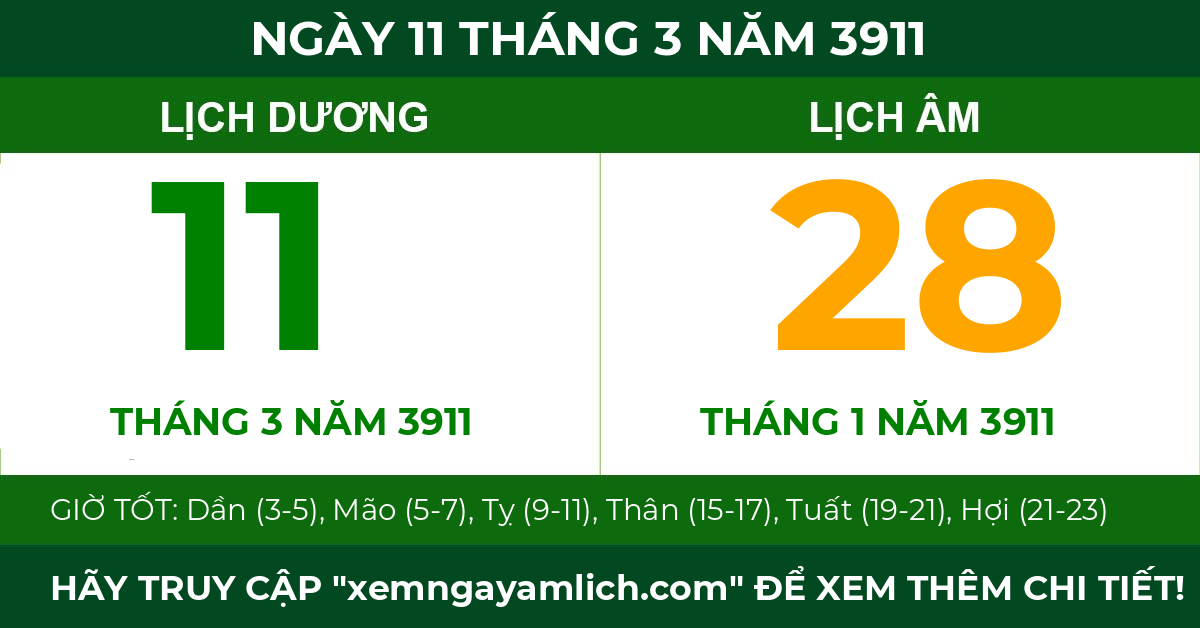 lịch âm ngày 11 tháng 3 năm 3911