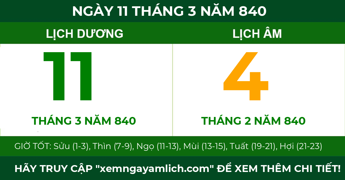 lịch âm ngày 11 tháng 3 năm 840