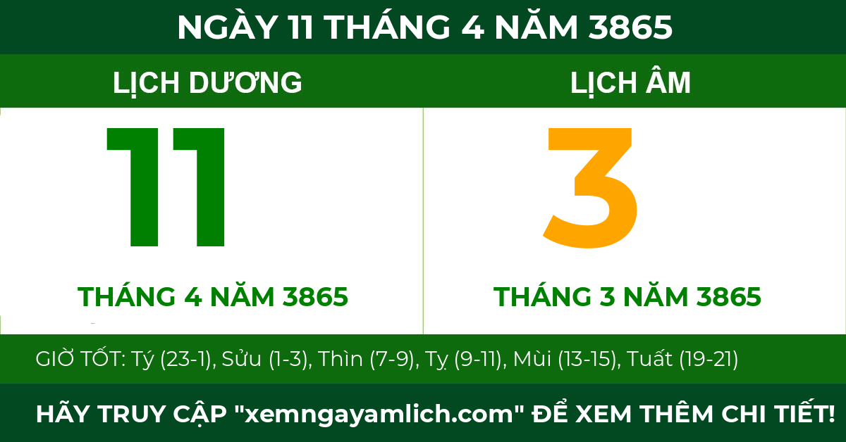 lịch âm ngày 11 tháng 4 năm 3865