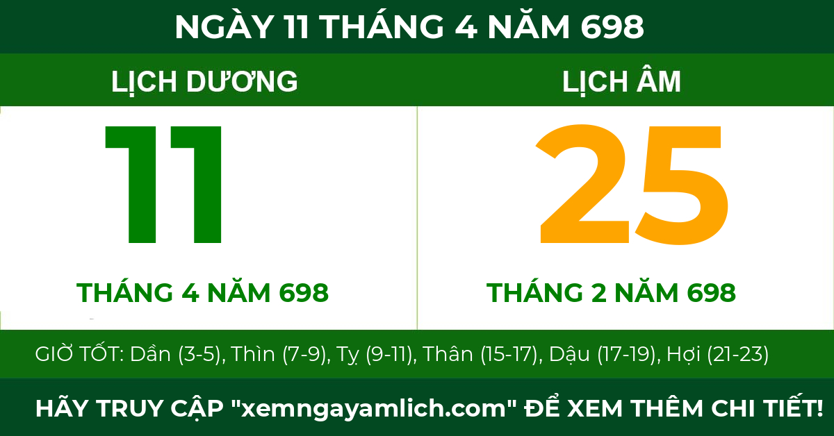 lịch âm ngày 11 tháng 4 năm 698