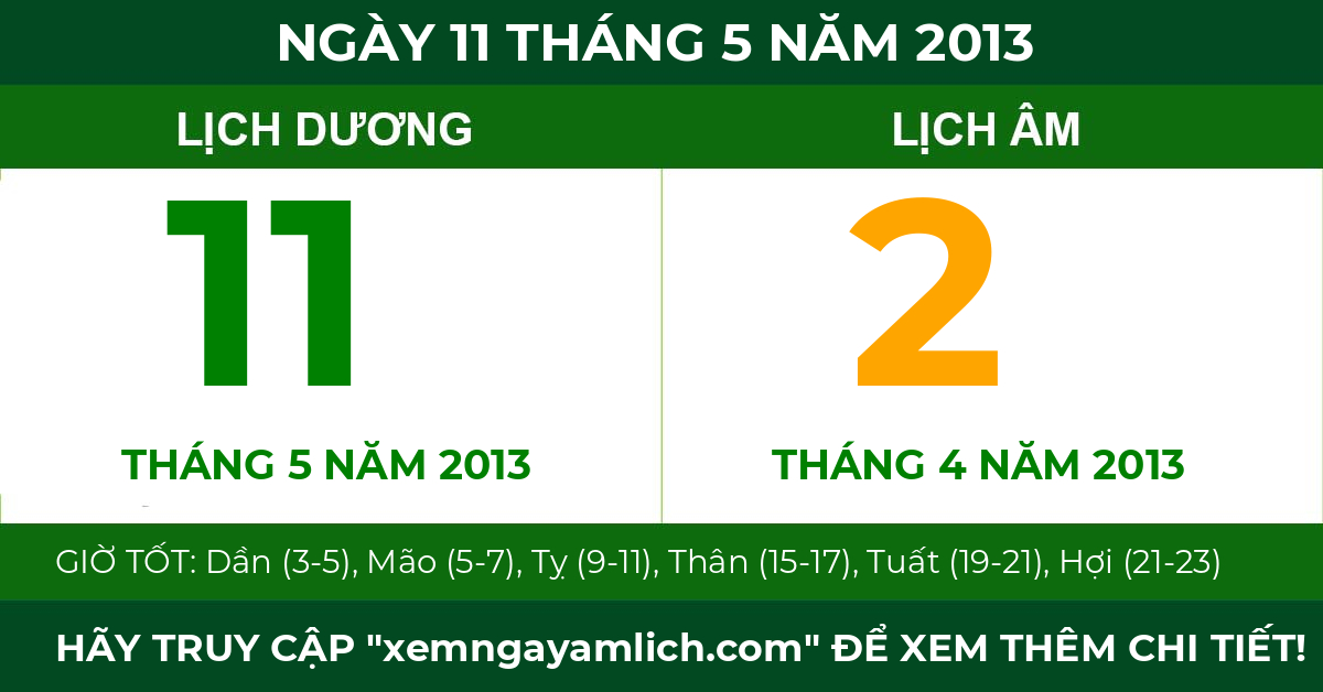 lịch âm ngày 11 tháng 5 năm 2013
