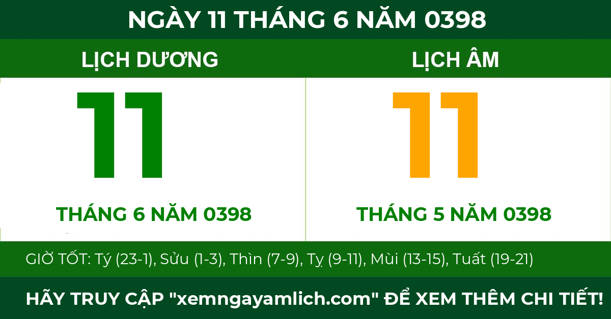 lịch âm ngày 11 tháng 6 năm 0398