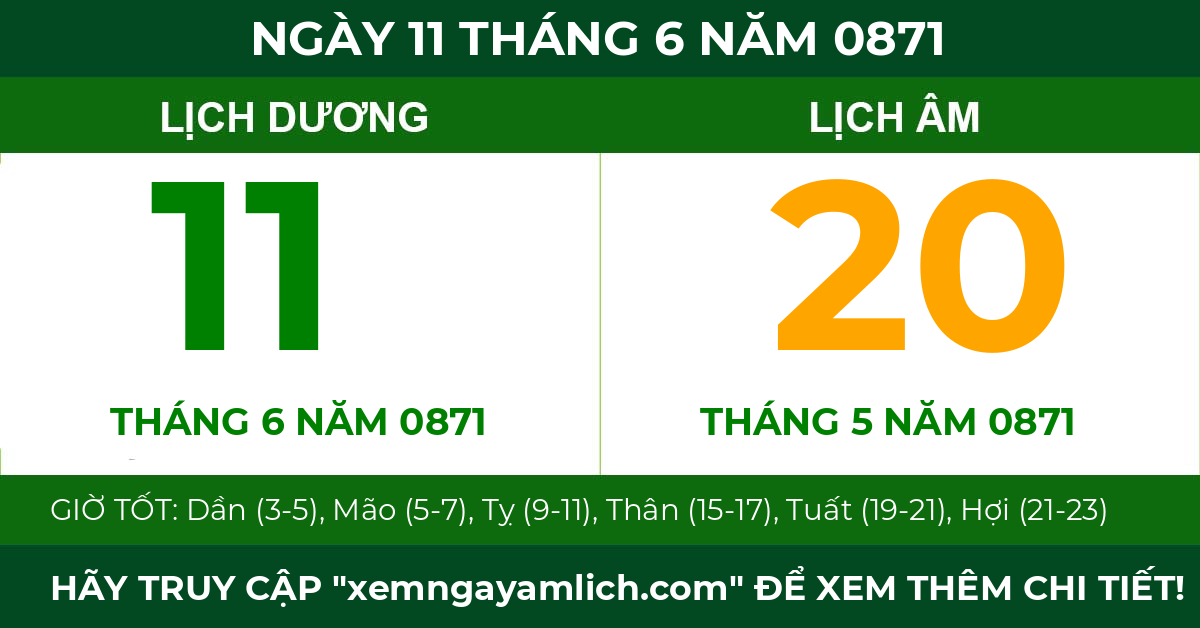 lịch âm ngày 11 tháng 6 năm 0871