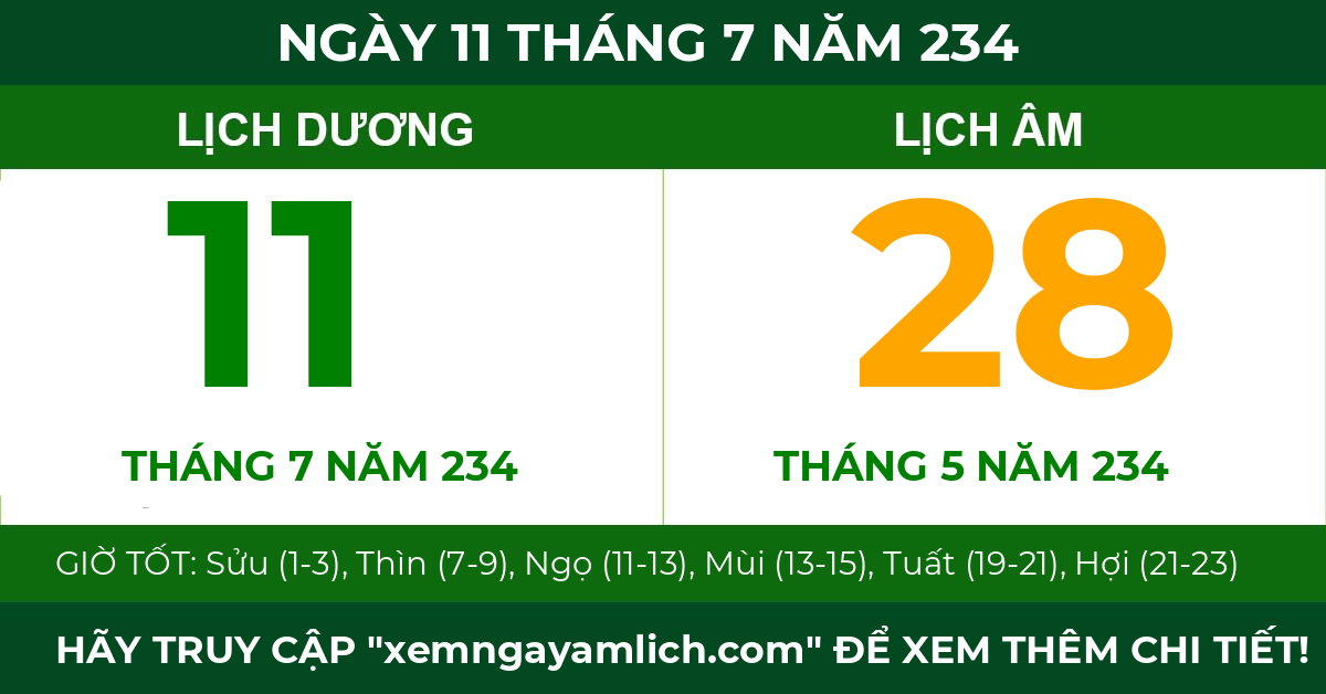 lịch âm ngày 11 tháng 7 năm 234