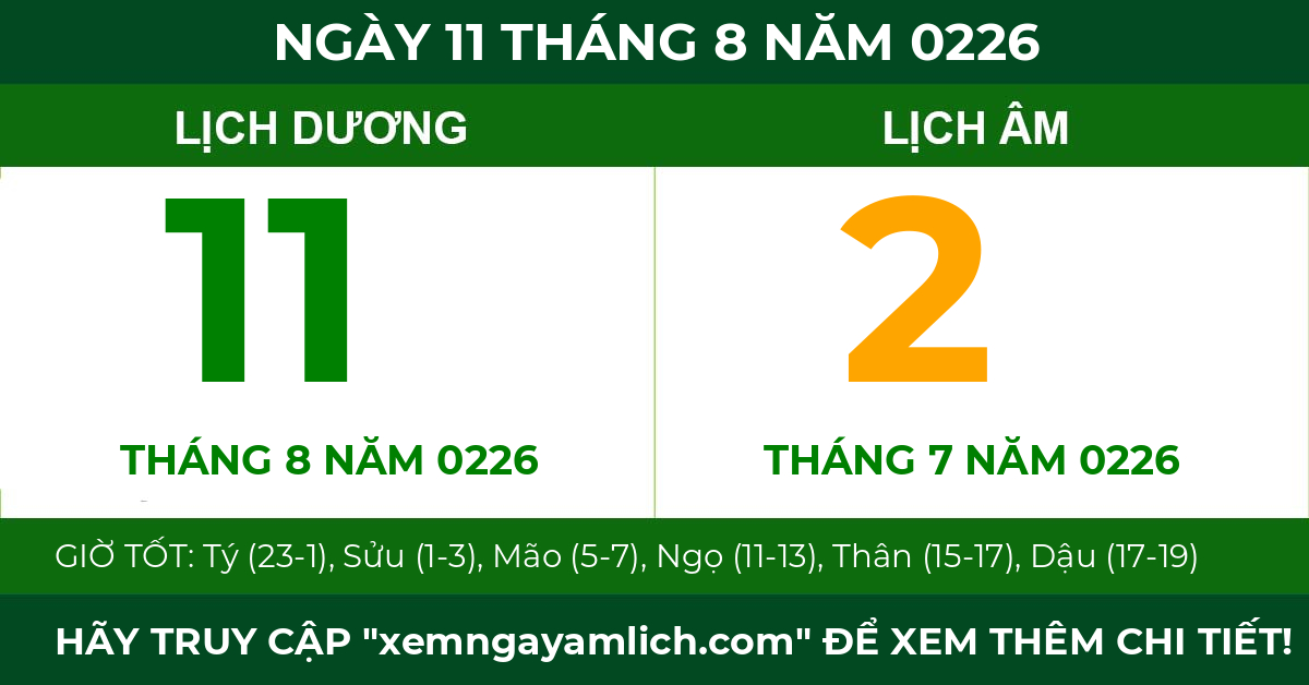 lịch âm ngày 11 tháng 8 năm 0226