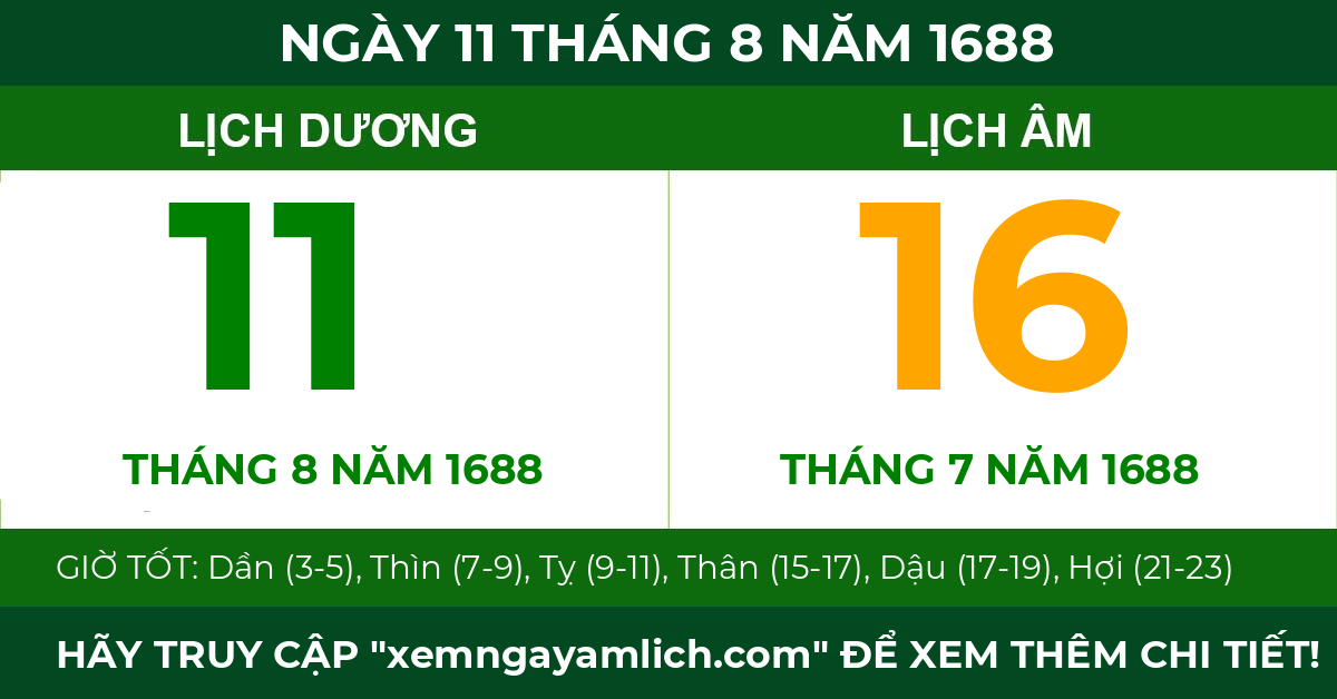 lịch âm ngày 11 tháng 8 năm 1688