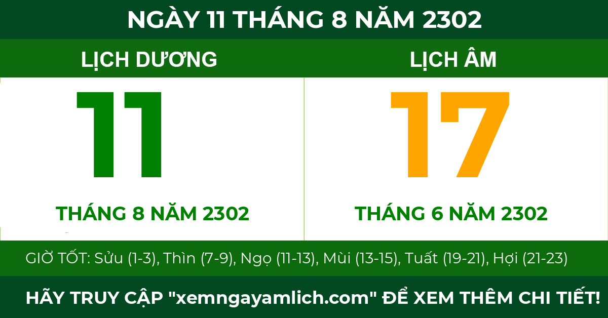 lịch âm ngày 11 tháng 8 năm 2302