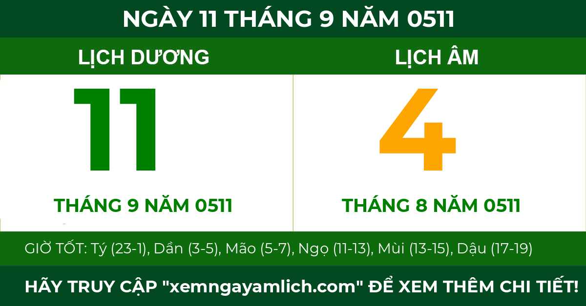 lịch âm ngày 11 tháng 9 năm 0511