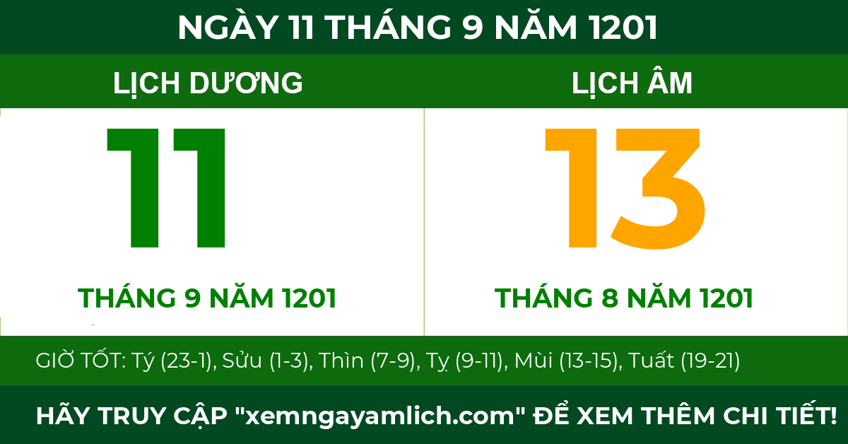lịch âm ngày 11 tháng 9 năm 1201