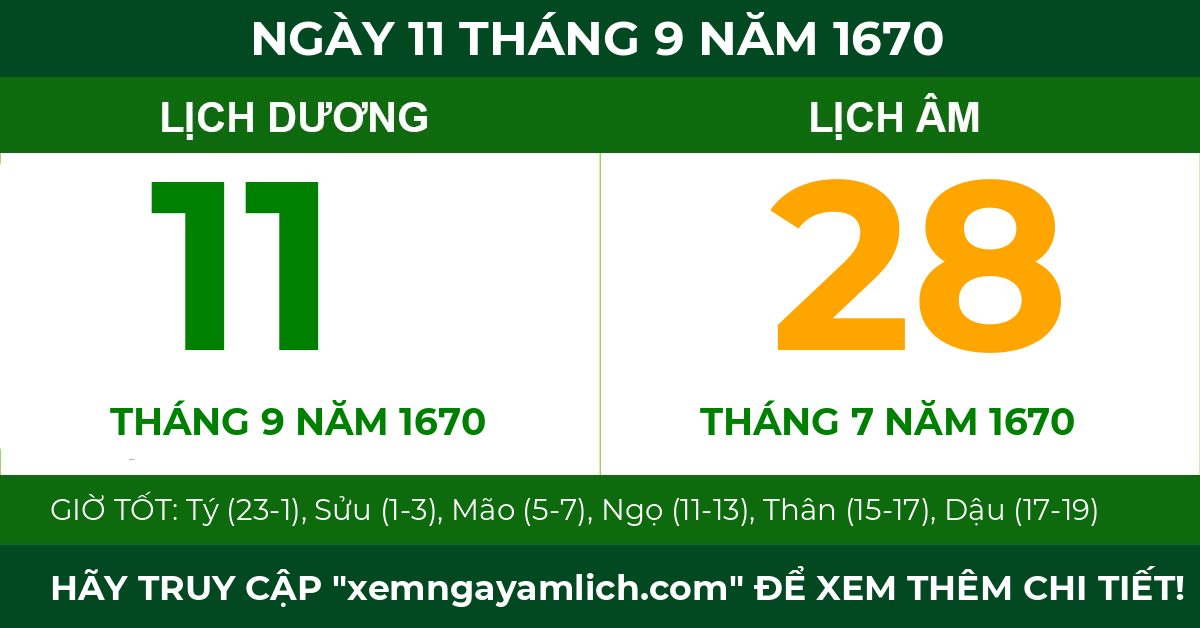 lịch âm ngày 11 tháng 9 năm 1670