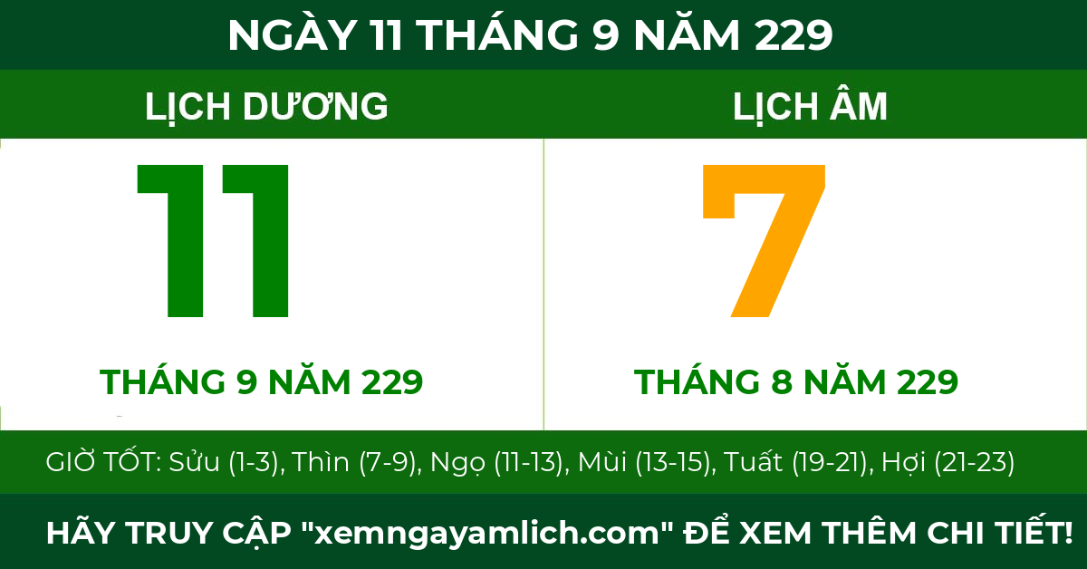 lịch âm ngày 11 tháng 9 năm 229