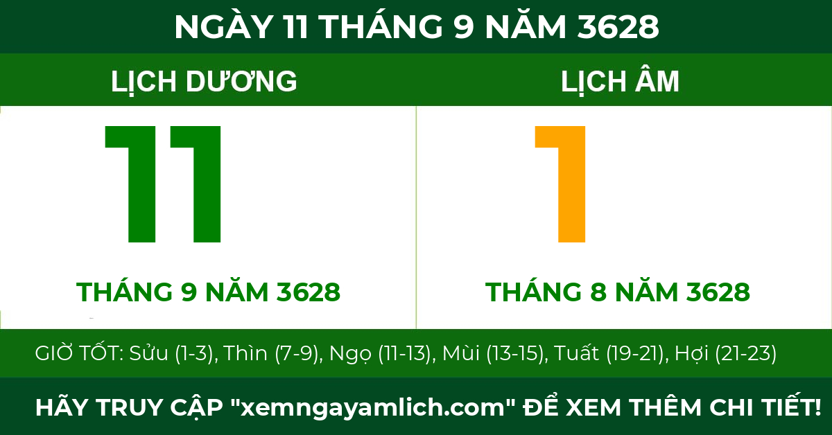 lịch âm ngày 11 tháng 9 năm 3628