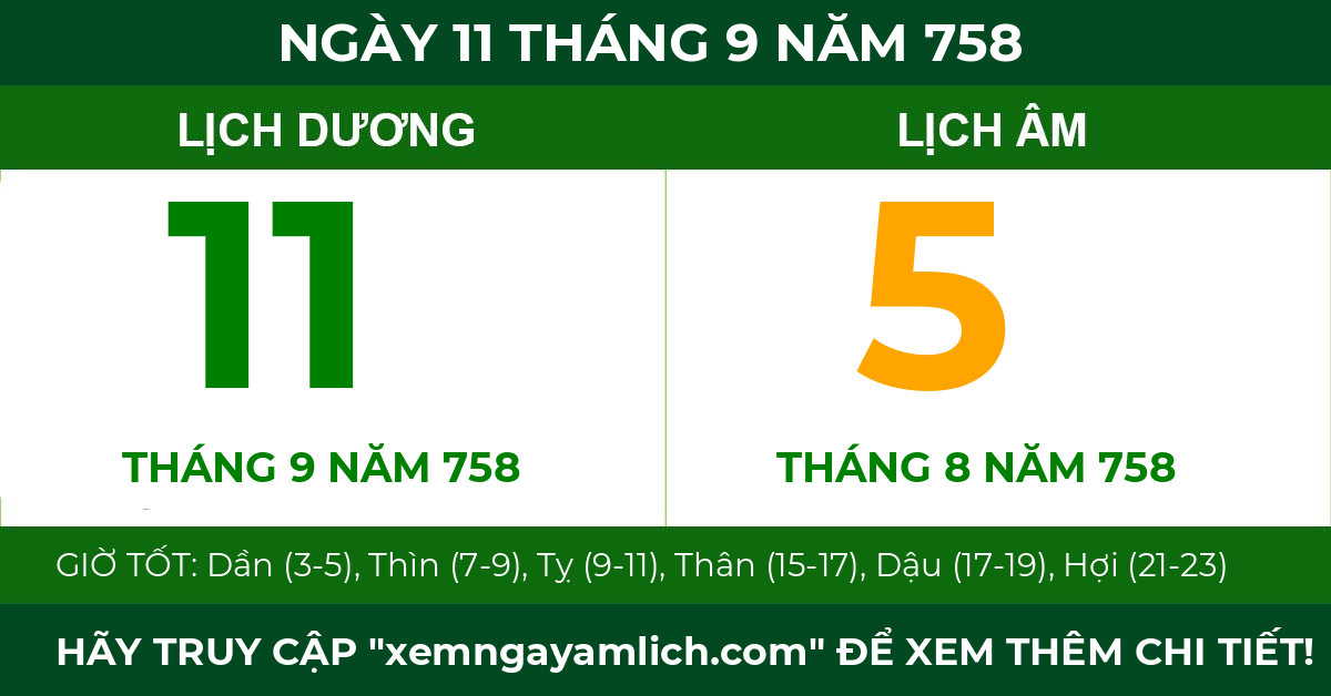 lịch âm ngày 11 tháng 9 năm 758