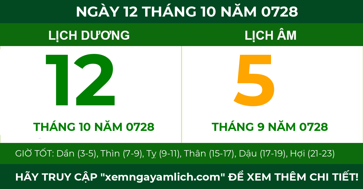 lịch âm ngày 12 tháng 10 năm 0728