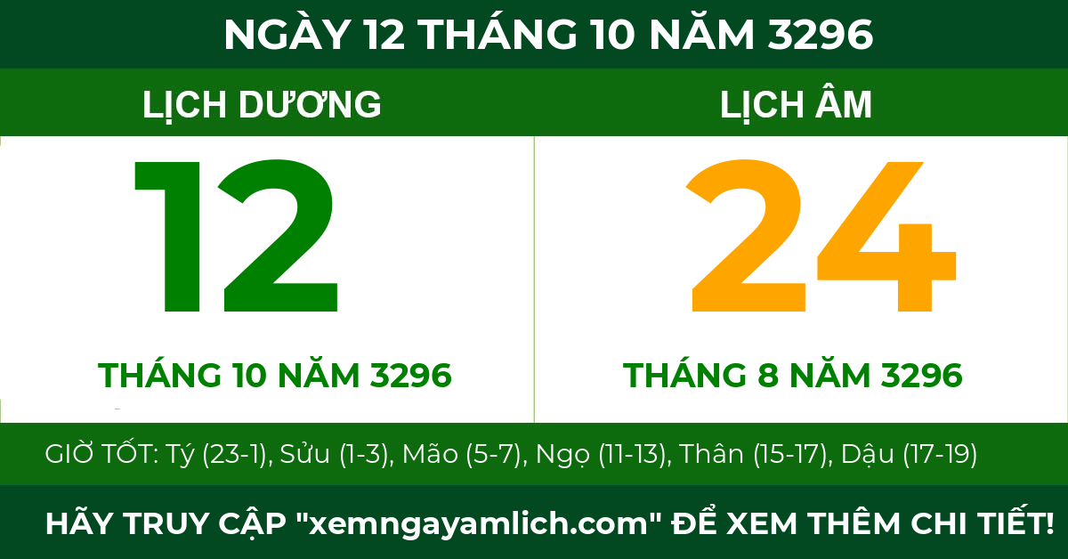 lịch âm ngày 12 tháng 10 năm 3296