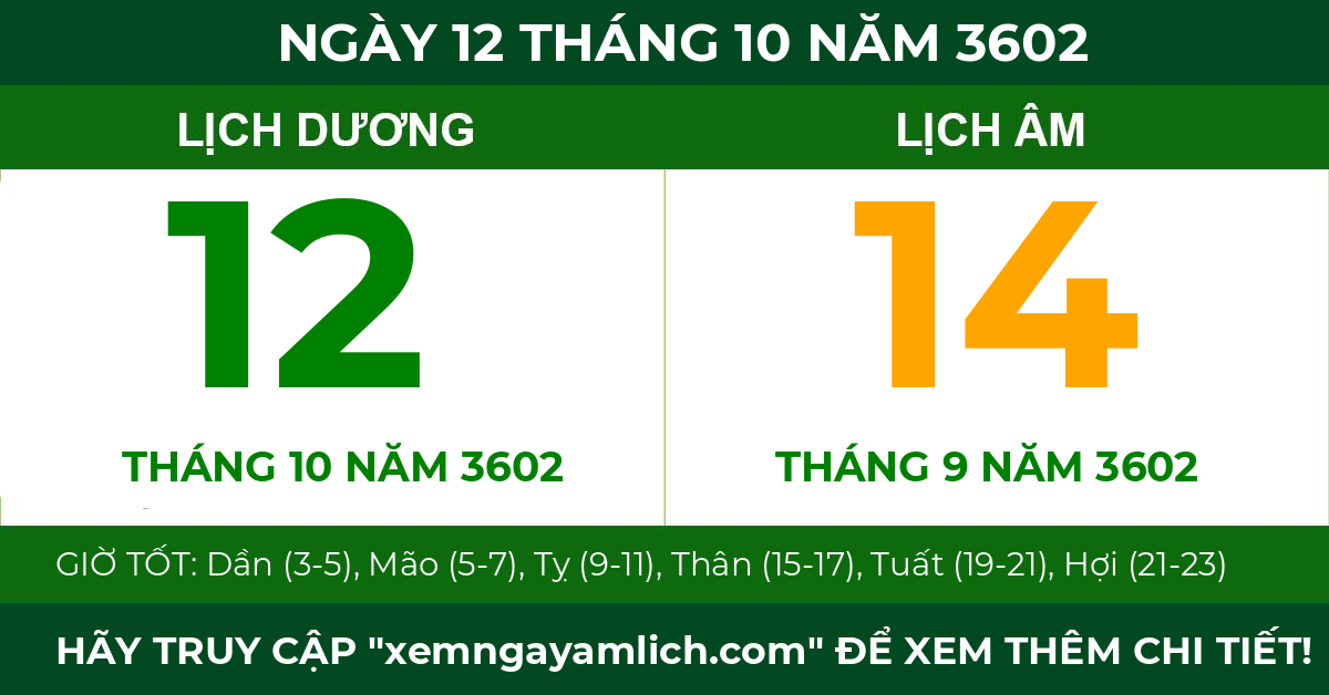 lịch âm ngày 12 tháng 10 năm 3602