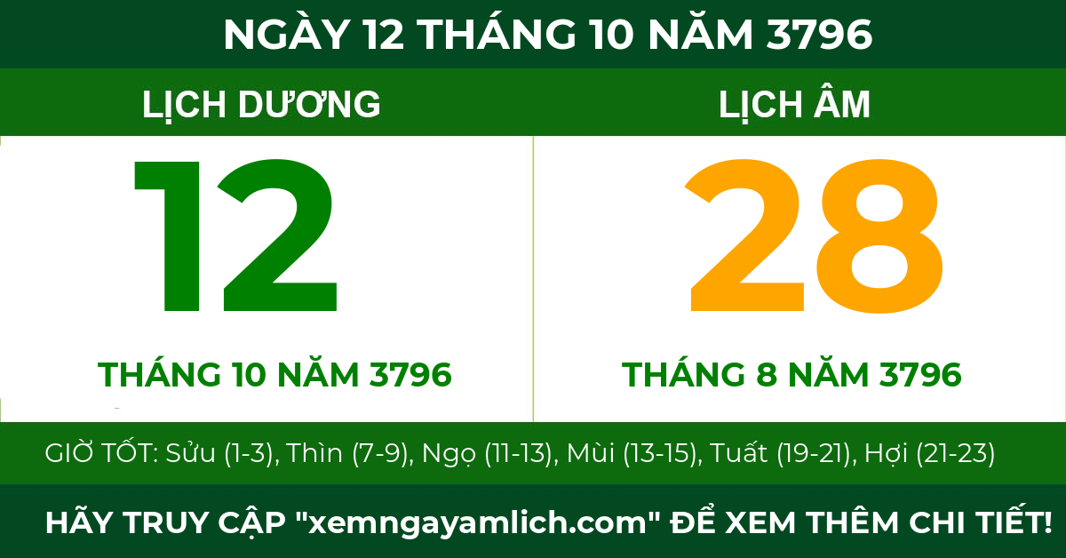lịch âm ngày 12 tháng 10 năm 3796