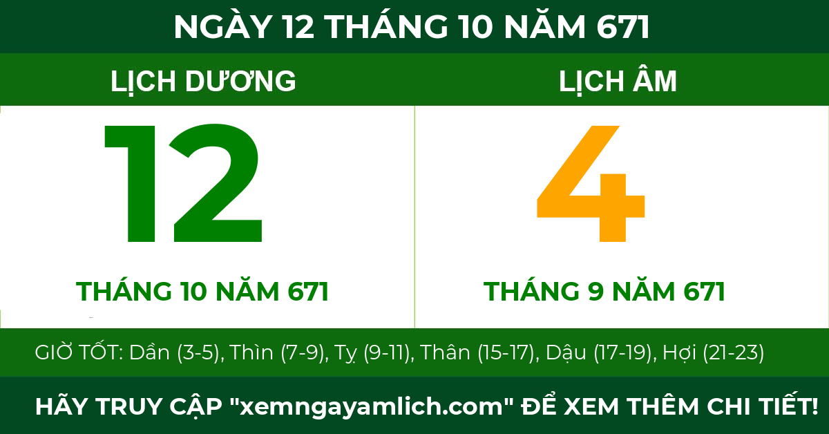lịch âm ngày 12 tháng 10 năm 671