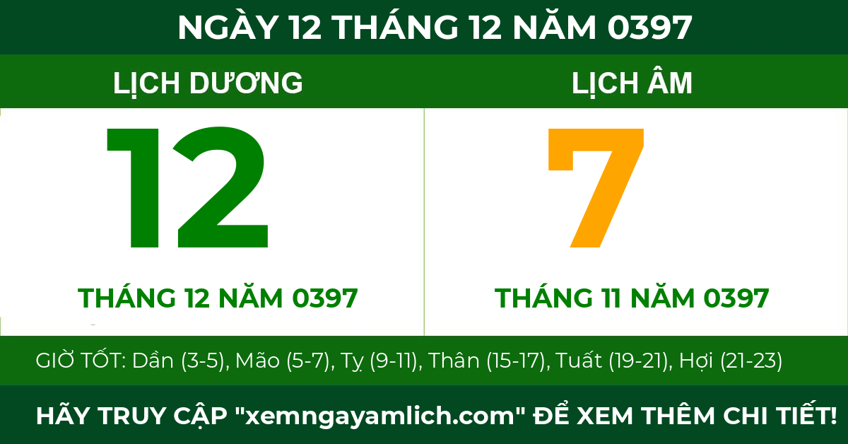 lịch âm ngày 12 tháng 12 năm 0397