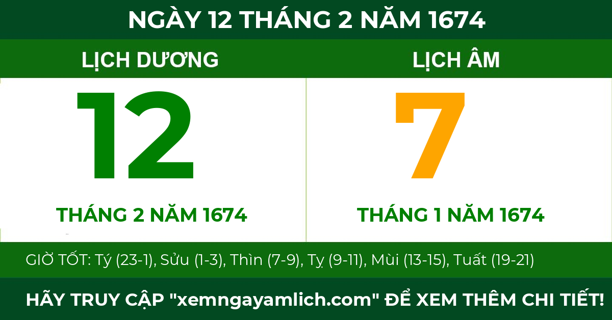 lịch âm ngày 12 tháng 2 năm 1674