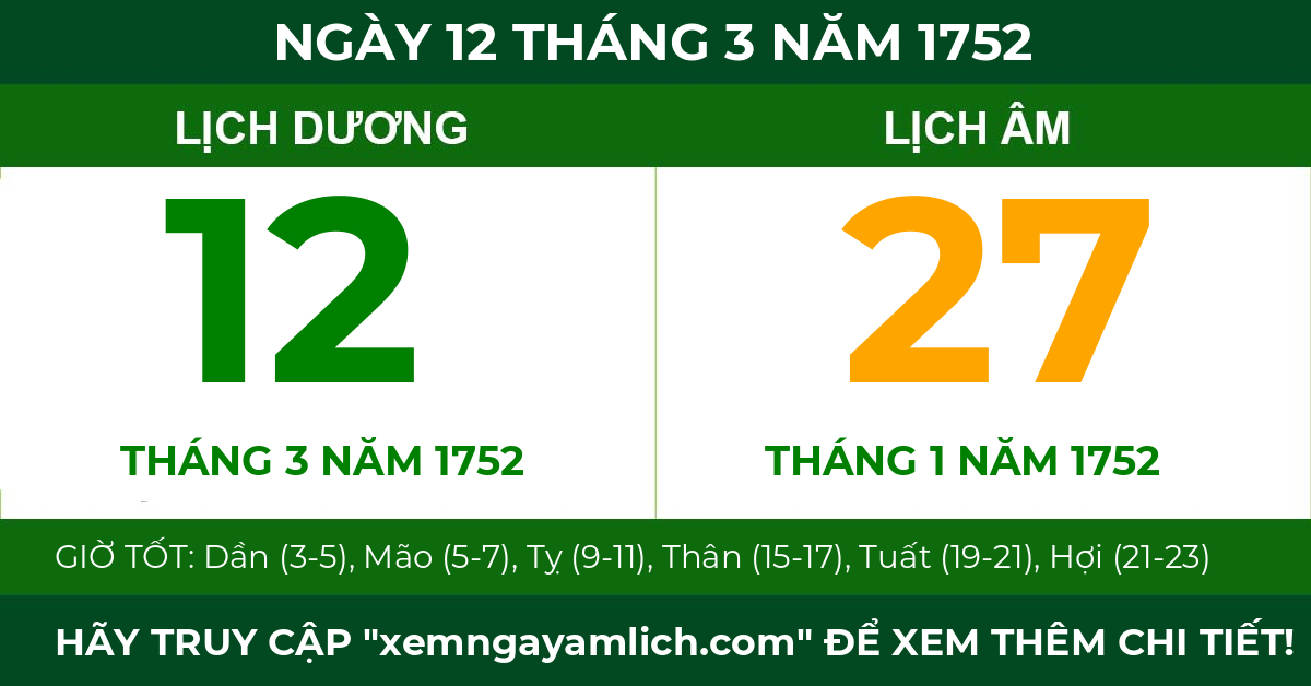 lịch âm ngày 12 tháng 3 năm 1752