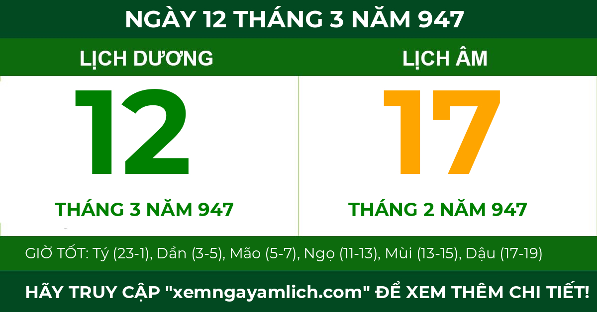 lịch âm ngày 12 tháng 3 năm 947