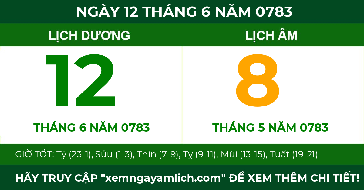 lịch âm ngày 12 tháng 6 năm 0783
