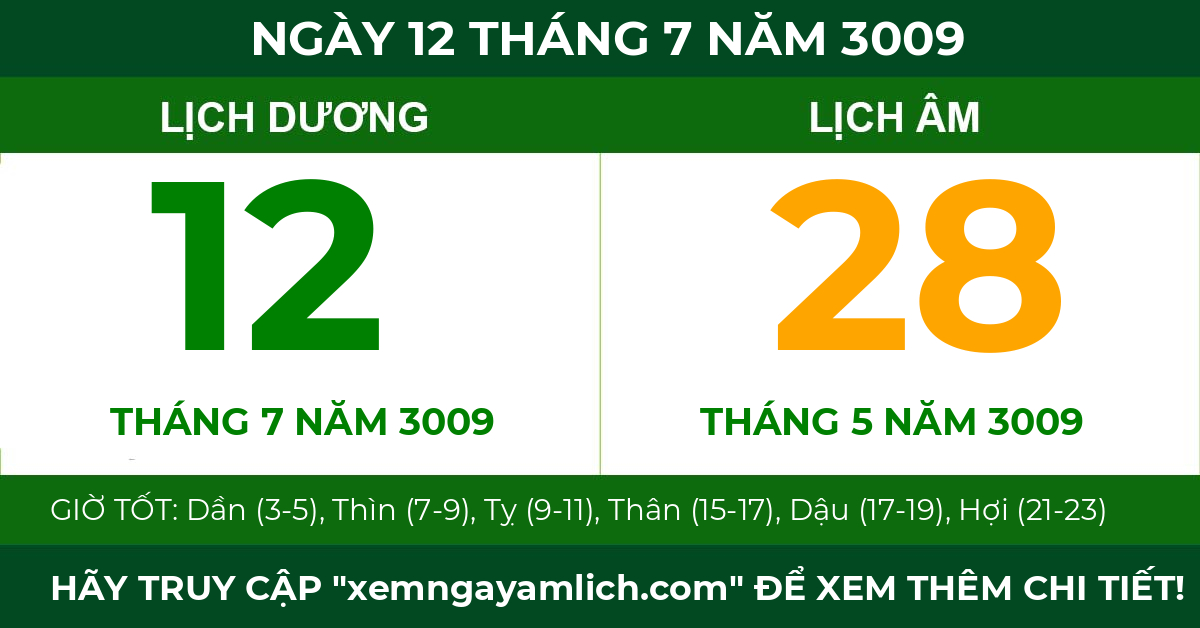 lịch âm ngày 12 tháng 7 năm 3009