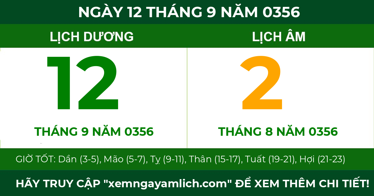 lịch âm ngày 12 tháng 9 năm 0356