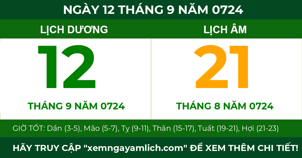 lịch âm ngày 12 tháng 9 năm 0724