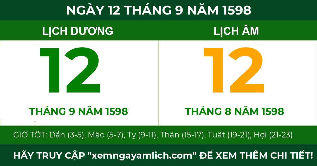lịch âm ngày 12 tháng 9 năm 1598