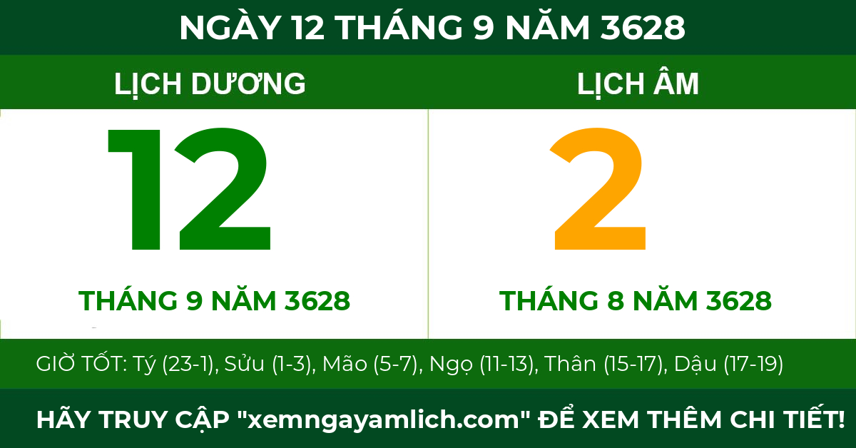 lịch âm ngày 12 tháng 9 năm 3628