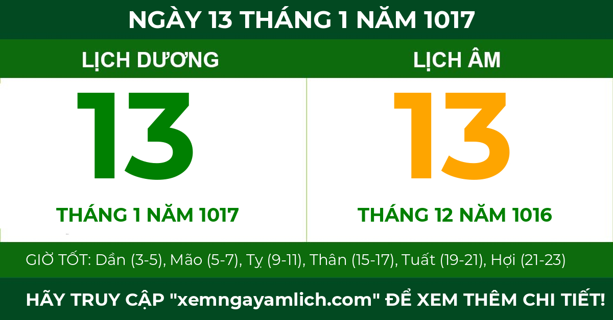 lịch âm ngày 13 tháng 1 năm 1017