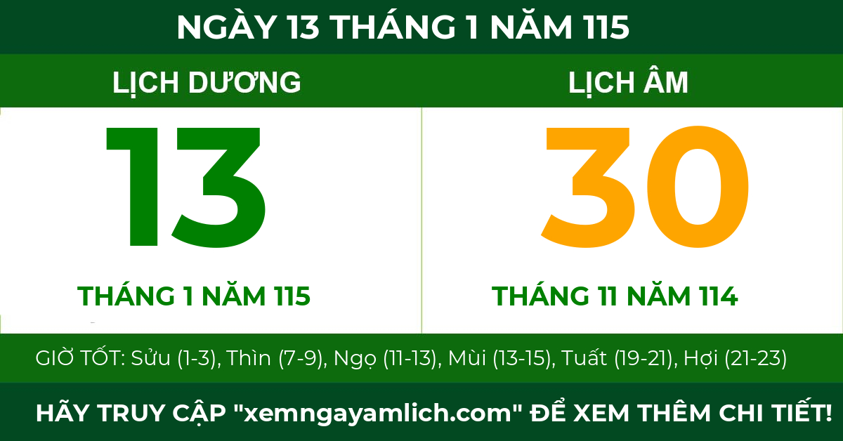 lịch âm ngày 13 tháng 1 năm 115