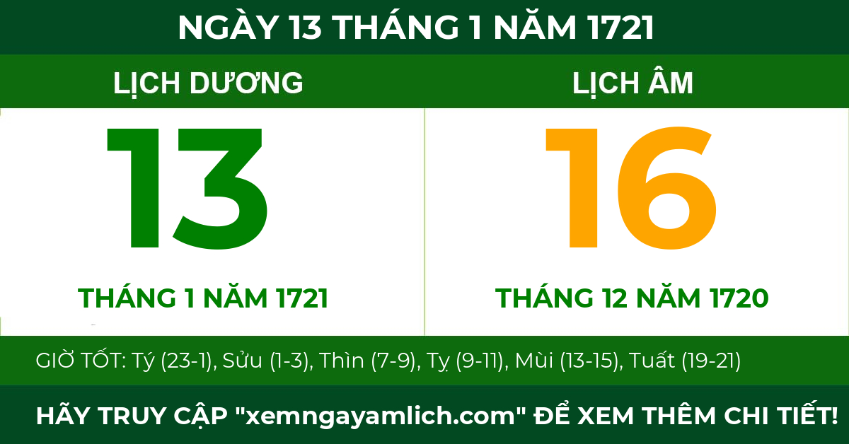 lịch âm ngày 13 tháng 1 năm 1721