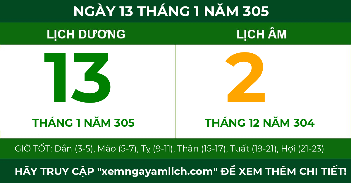 lịch âm ngày 13 tháng 1 năm 305