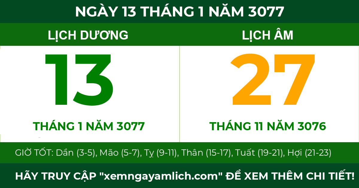 lịch âm ngày 13 tháng 1 năm 3077